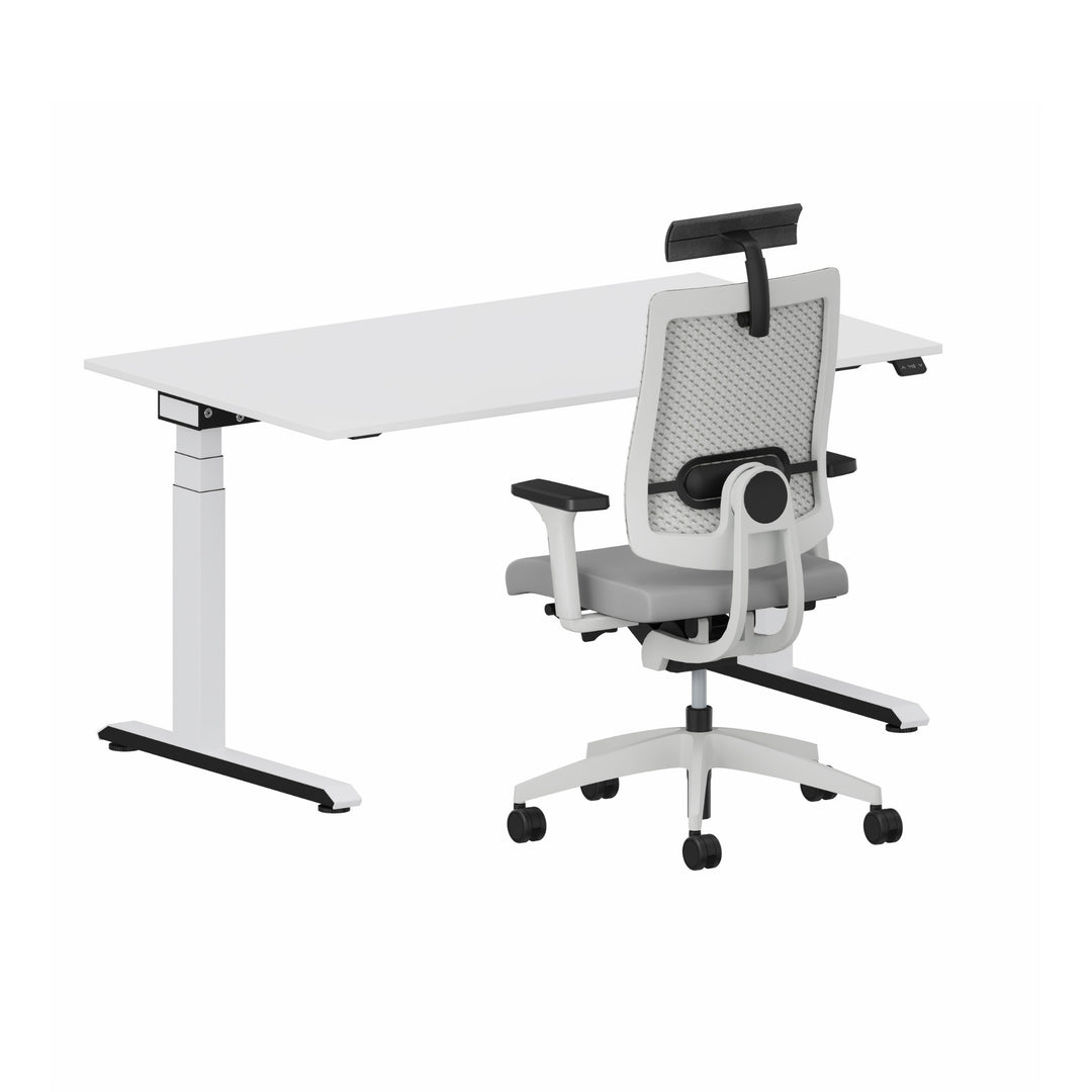 Workwell Sedus Home-Office Set 3 mit Drehstuhl black dot air hellgrau mit Gestell lichtgrau mit Armlehnen und Nackenstütze und Schreibtisch temptation c mit Gestell weiss und Plattenfarbe reinweiss