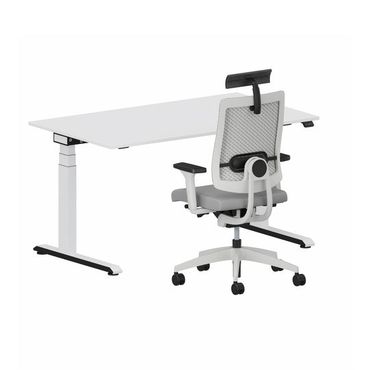 Workwell Sedus Home-Office Set 3 mit Drehstuhl black dot air hellgrau mit Gestell lichtgrau mit Armlehnen und Nackenstütze und Schreibtisch temptation c mit Gestell weiss und Plattenfarbe reinweiss