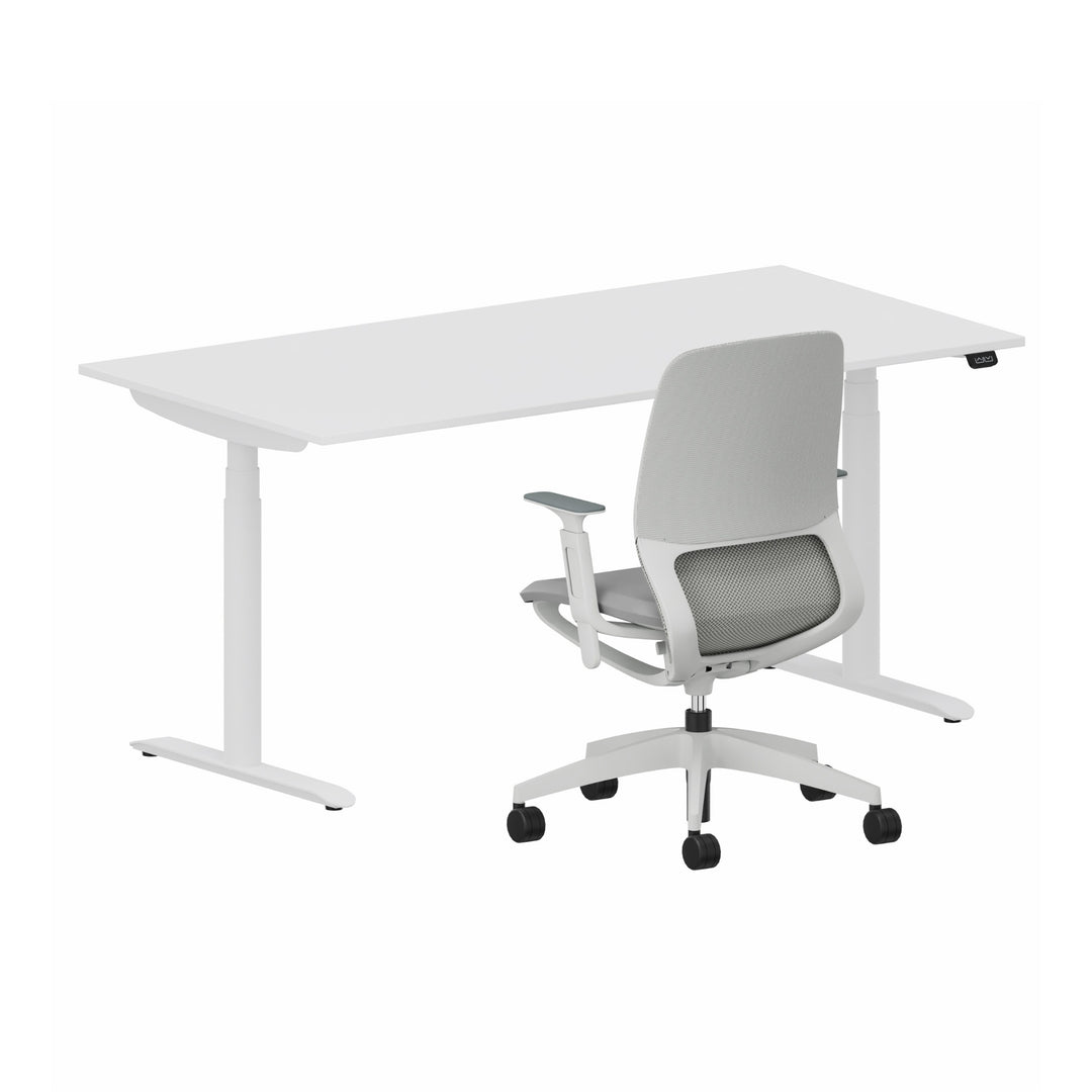 Workwell Sedus Home-Office Set 2 mit Drehstuhl se:motion grau mit Gestell lichtgrau mit Armlehnen und Schreibtisch se:lab e-desk mit Gestell purweiss und Plattenfarbe reinweiss