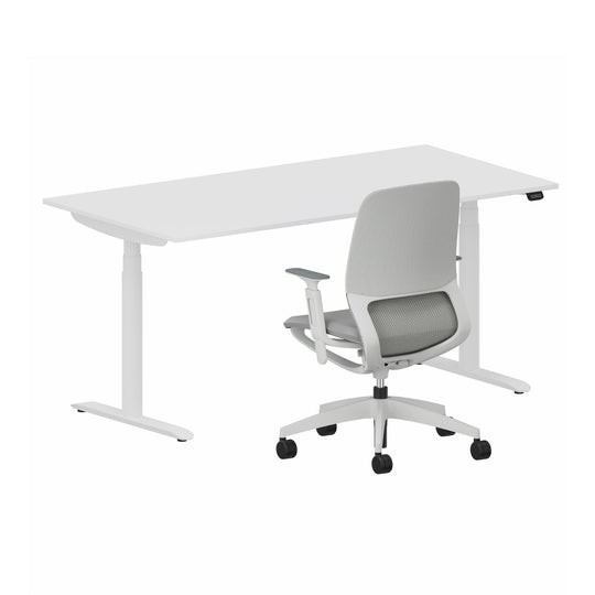 Workwell Sedus Home-Office Set 2 mit Drehstuhl se:motion grau mit Gestell lichtgrau mit Armlehnen und Schreibtisch se:lab e-desk mit Gestell purweiss und Plattenfarbe reinweiss