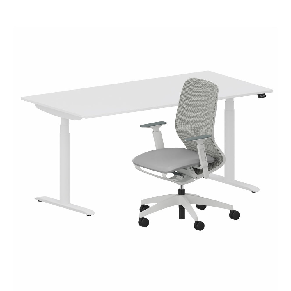 Workwell Sedus Home-Office Set 2 mit Drehstuhl se:motion grau mit Gestell lichtgrau mit Armlehnen und Schreibtisch se:lab e-desk mit Gestell purweiss und Plattenfarbe reinweiss