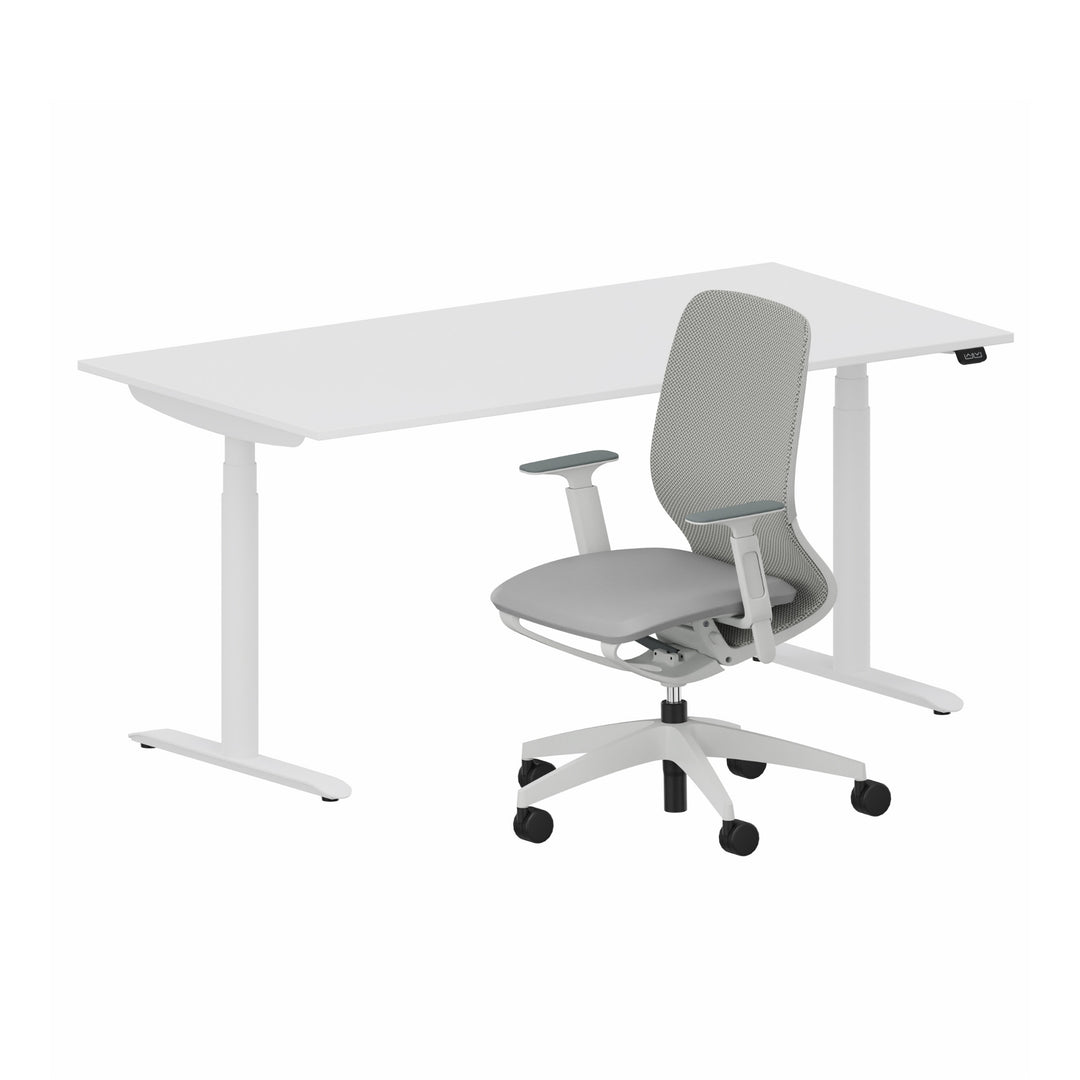 Workwell Sedus Home-Office Set 2 mit Drehstuhl se:motion grau mit Gestell lichtgrau mit Armlehnen und Schreibtisch se:lab e-desk mit Gestell purweiss und Plattenfarbe reinweiss