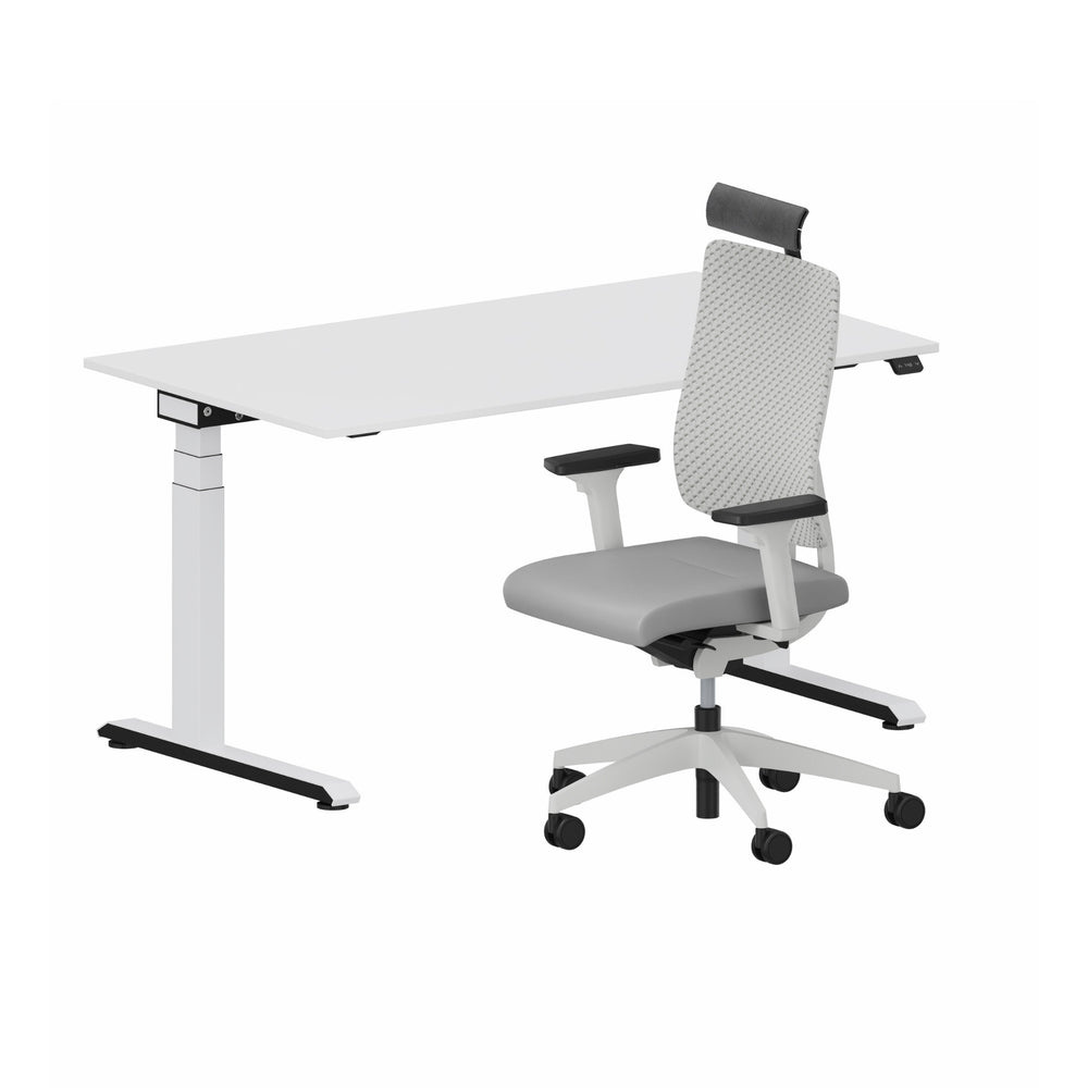 Workwell Sedus Home-Office Set 3 mit Drehstuhl black dot air hellgrau mit Gestell lichtgrau mit Armlehnen und Nackenstütze und Schreibtisch temptation c mit Gestell weiss und Plattenfarbe reinweiss