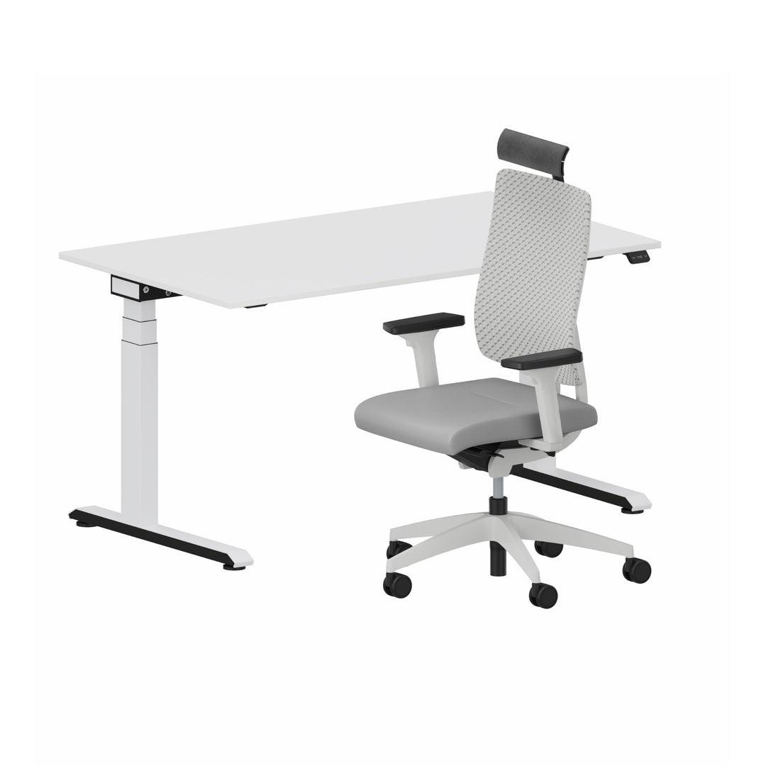 Workwell Sedus Home-Office Set 3 mit Drehstuhl black dot air hellgrau mit Gestell lichtgrau mit Armlehnen und Nackenstütze und Schreibtisch temptation c mit Gestell weiss und Plattenfarbe reinweiss