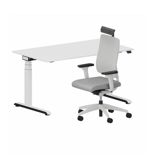 Workwell Sedus Home-Office Set 3 mit Drehstuhl black dot air hellgrau mit Gestell lichtgrau mit Armlehnen und Nackenstütze und Schreibtisch temptation c mit Gestell weiss und Plattenfarbe reinweiss