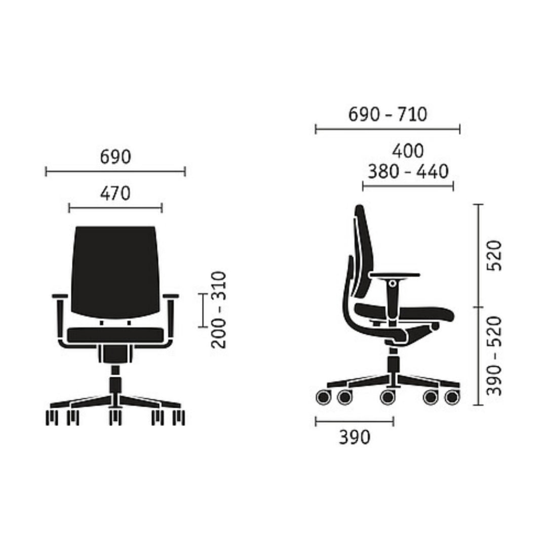 Workwell Sedus Drehstuhl black dot air, Maßangaben in mm