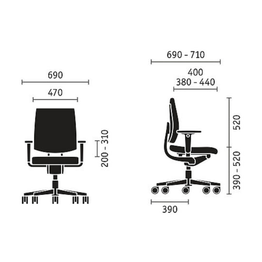 Workwell Sedus Drehstuhl black dot air, Maßangaben in mm