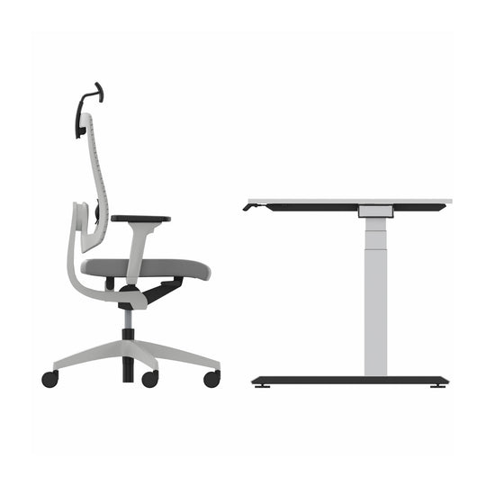 Workwell Sedus Home-Office Set 3 mit Drehstuhl black dot air hellgrau mit Gestell lichtgrau mit Armlehnen und Nackenstütze und Schreibtisch temptation c mit Gestell weiss und Plattenfarbe reinweiss