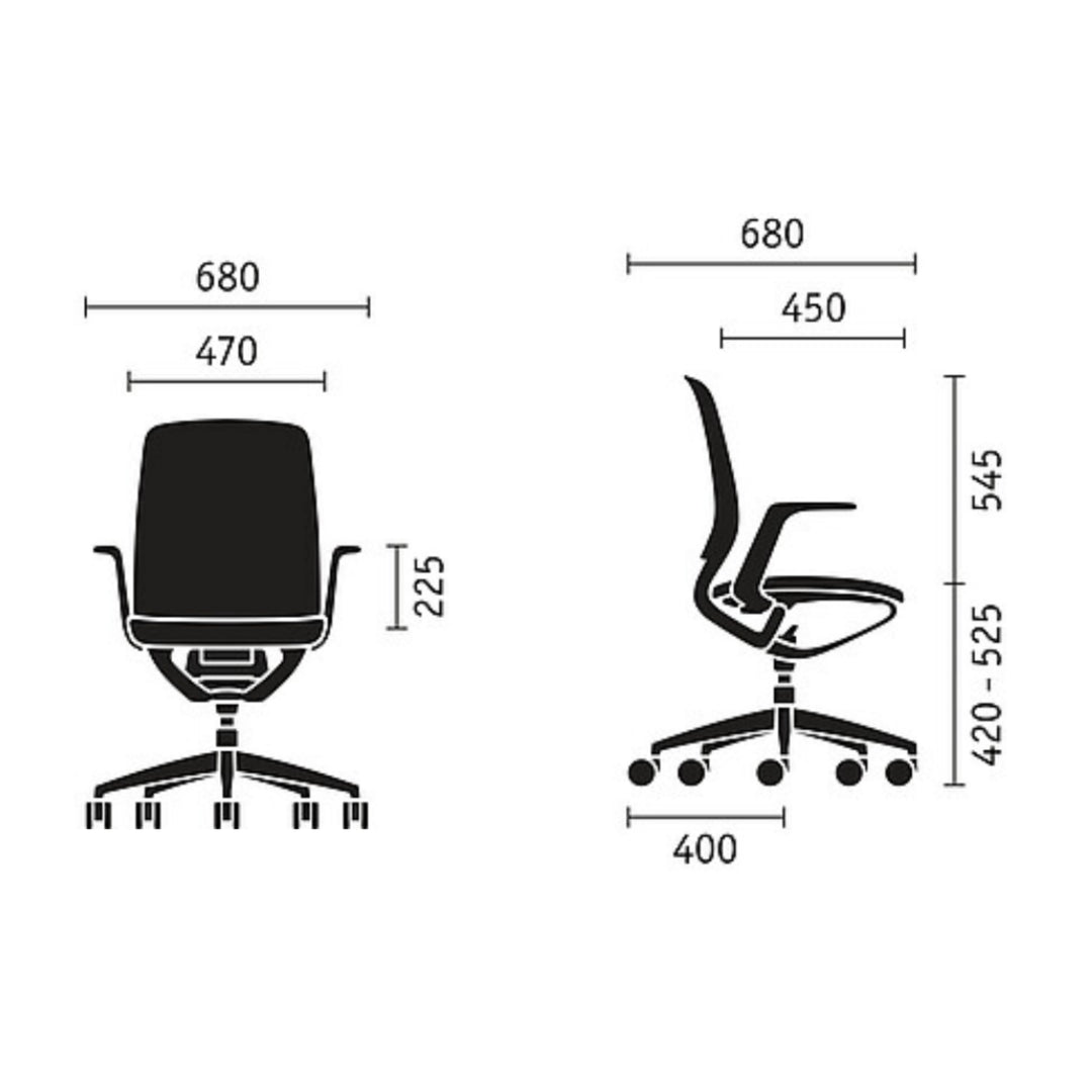 Workwell Sedus  Drehstuhl se:motion mit Armlehnen, Maßangaben in mm