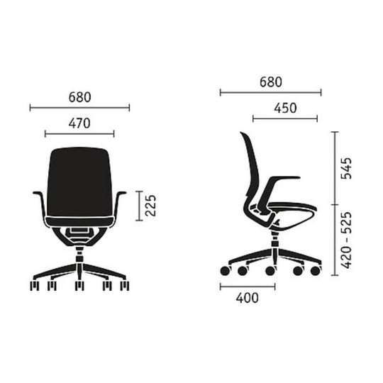 Workwell Sedus  Drehstuhl se:motion mit Armlehnen, Maßangaben in mm