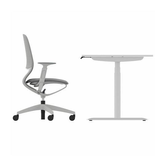Workwell Sedus Home-Office Set 2 mit Drehstuhl se:motion grau mit Gestell lichtgrau mit Armlehnen und Schreibtisch se:lab e-desk mit Gestell purweiss und Plattenfarbe reinweiss