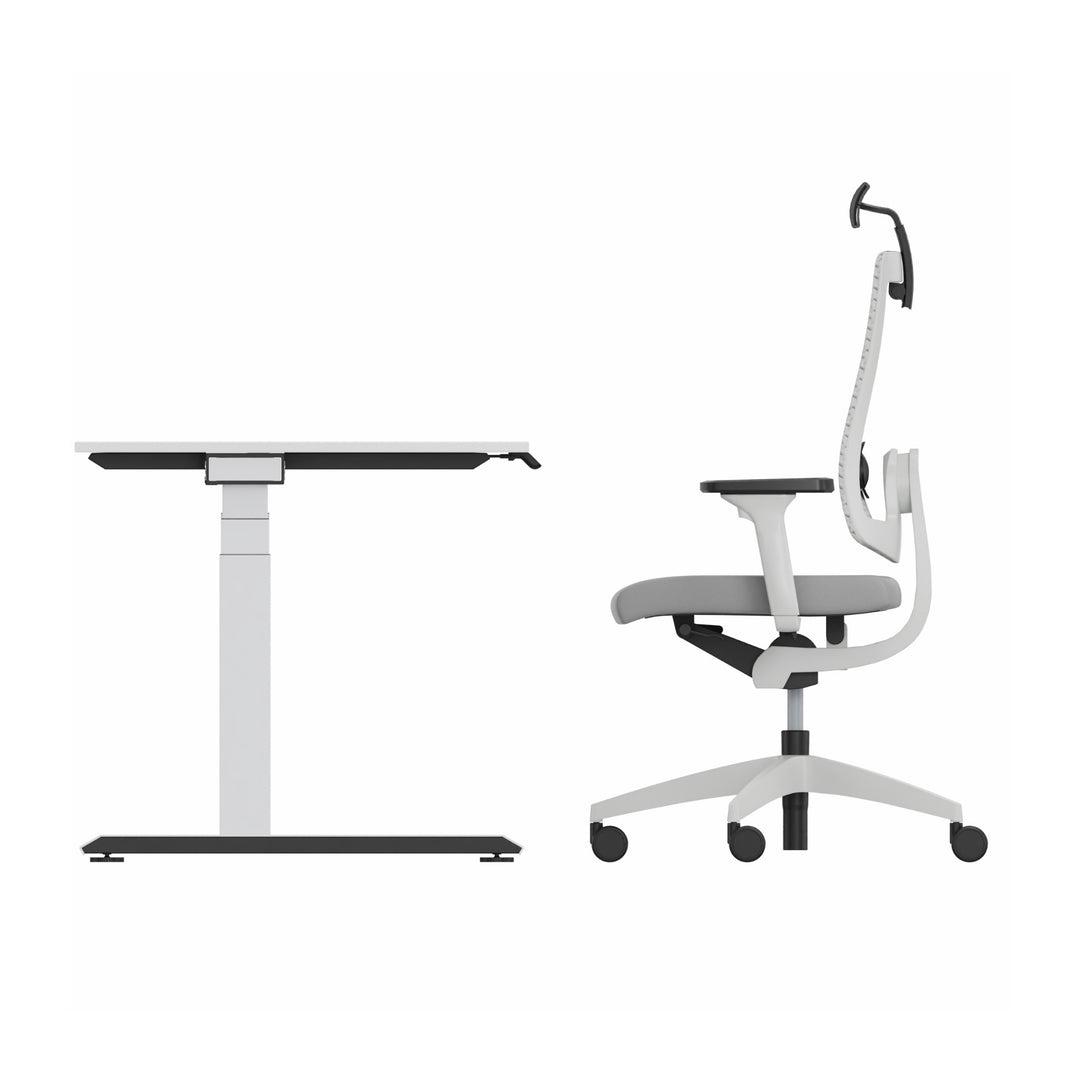 Workwell Sedus Home-Office Set 3 mit Drehstuhl black dot air hellgrau mit Gestell lichtgrau mit Armlehnen und Nackenstütze und Schreibtisch temptation c mit Gestell weiss und Plattenfarbe reinweiss