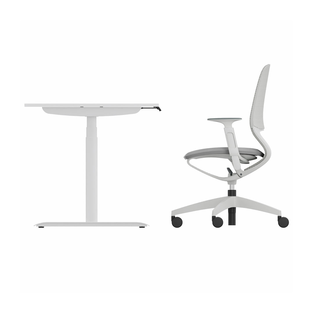 Workwell Sedus Home-Office Set 2 mit Drehstuhl se:motion grau mit Gestell lichtgrau mit Armlehnen und Schreibtisch se:lab e-desk mit Gestell purweiss und Plattenfarbe reinweiss