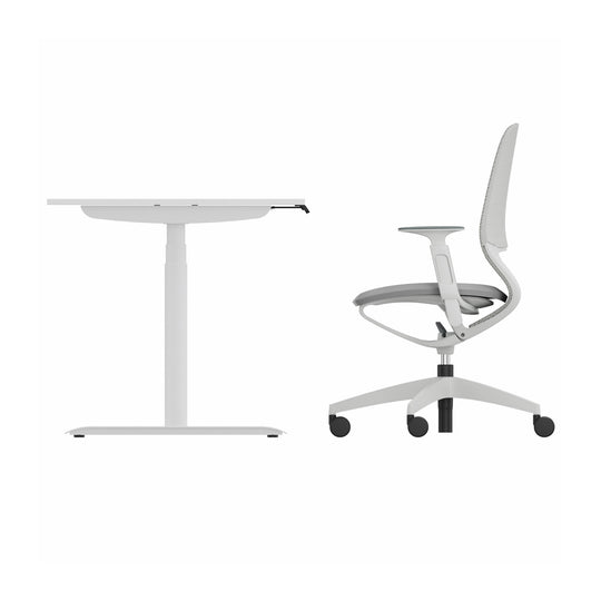 Workwell Sedus Home-Office Set 2 mit Drehstuhl se:motion grau mit Gestell lichtgrau mit Armlehnen und Schreibtisch se:lab e-desk mit Gestell purweiss und Plattenfarbe reinweiss