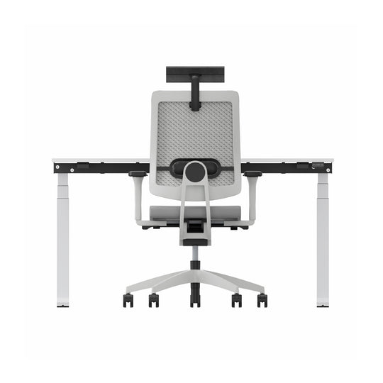 Workwell Sedus Home-Office Set 3 mit Drehstuhl black dot air hellgrau mit Gestell lichtgrau mit Armlehnen und Nackenstütze und Schreibtisch temptation c mit Gestell weiss und Plattenfarbe reinweiss