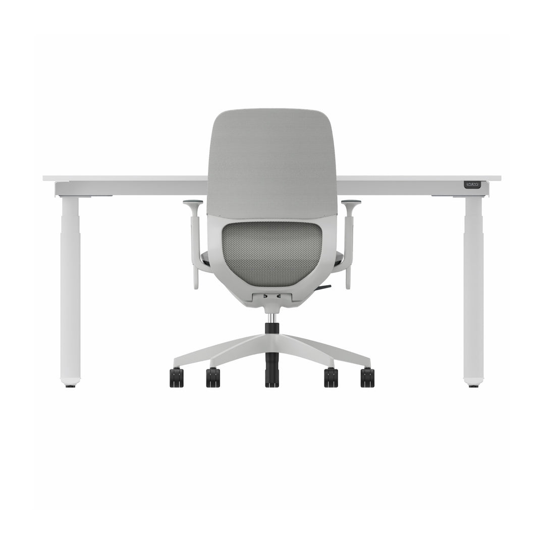 Workwell Sedus Home-Office Set 2 mit Drehstuhl se:motion grau mit Gestell lichtgrau mit Armlehnen und Schreibtisch se:lab e-desk mit Gestell purweiss und Plattenfarbe reinweiss