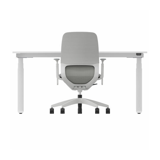 Workwell Sedus Home-Office Set 2 mit Drehstuhl se:motion grau mit Gestell lichtgrau mit Armlehnen und Schreibtisch se:lab e-desk mit Gestell purweiss und Plattenfarbe reinweiss
