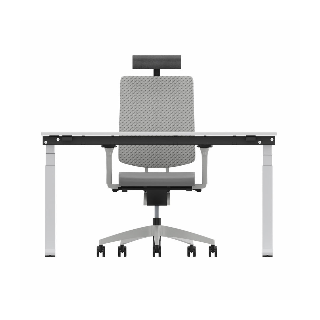 Workwell Sedus Home-Office Set 3 mit Drehstuhl black dot air hellgrau mit Gestell lichtgrau mit Armlehnen und Nackenstütze und Schreibtisch temptation c mit Gestell weiss und Plattenfarbe reinweiss