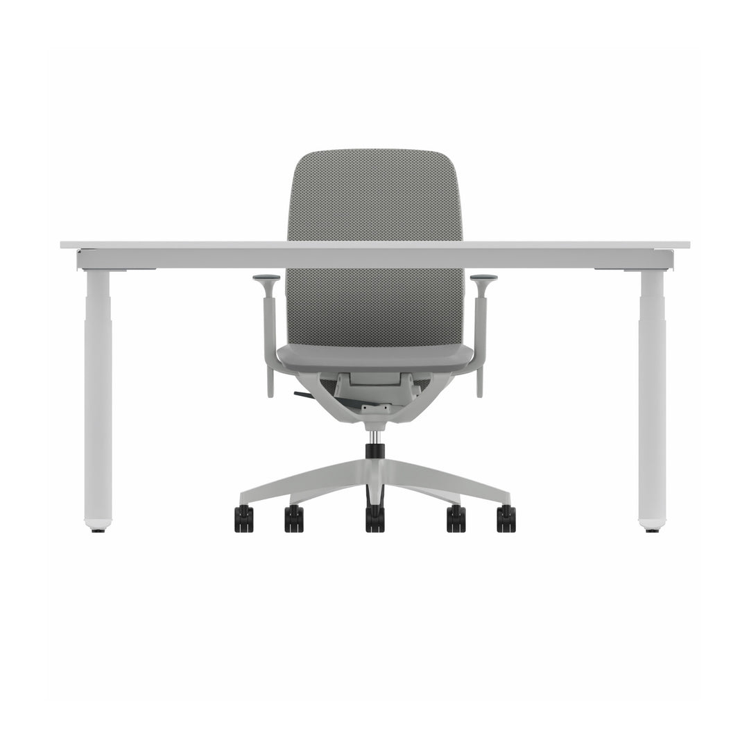 Workwell Sedus Home-Office Set 2 mit Drehstuhl se:motion grau mit Gestell lichtgrau mit Armlehnen und Schreibtisch se:lab e-desk mit Gestell purweiss und Plattenfarbe reinweiss
