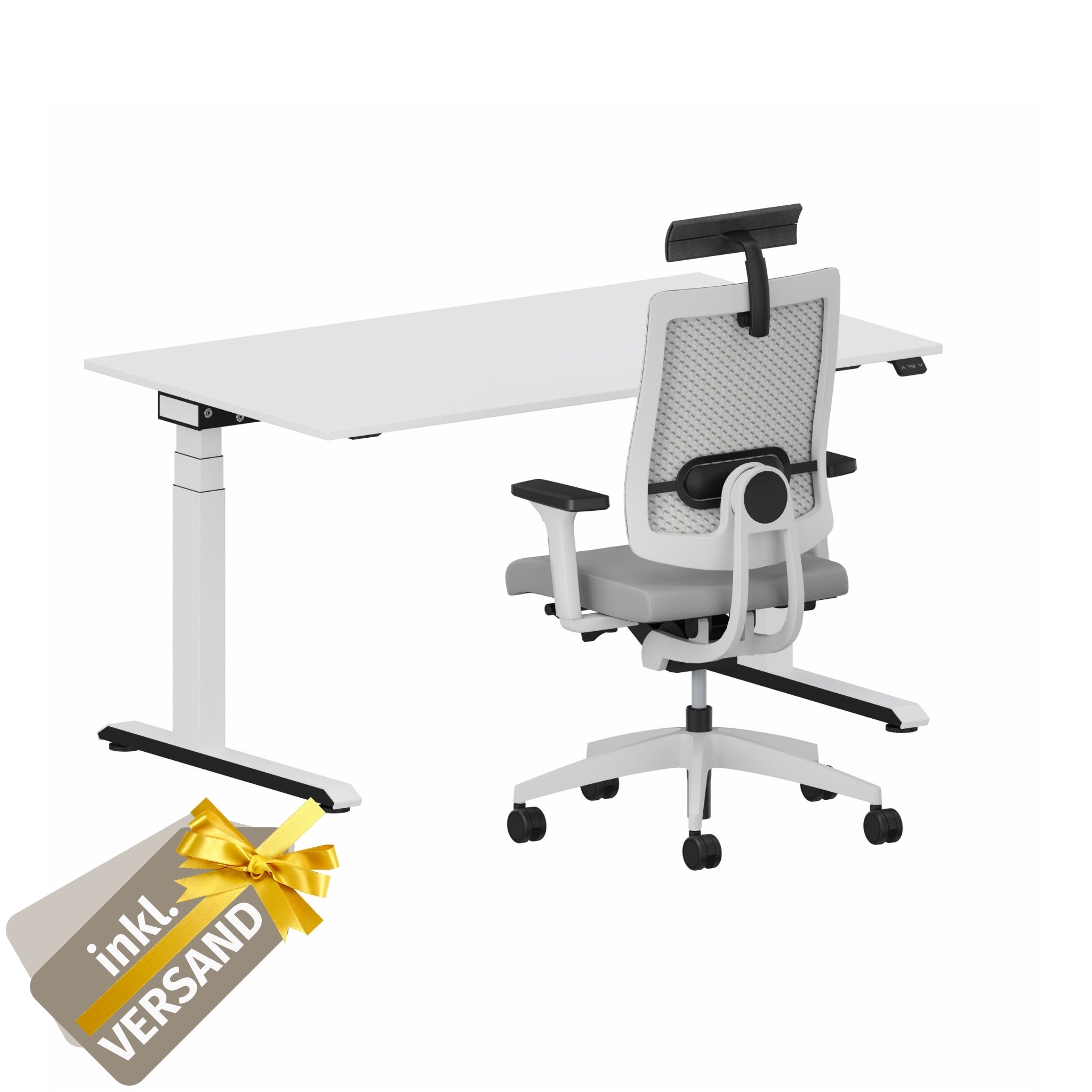 Workwell Sedus Home-Office Set 3 mit Drehstuhl black dot air hellgrau mit Gestell lichtgrau mit Armlehnen und Nackenstütze und Schreibtisch temptation c mit Gestell weiss und Plattenfarbe reinweiss