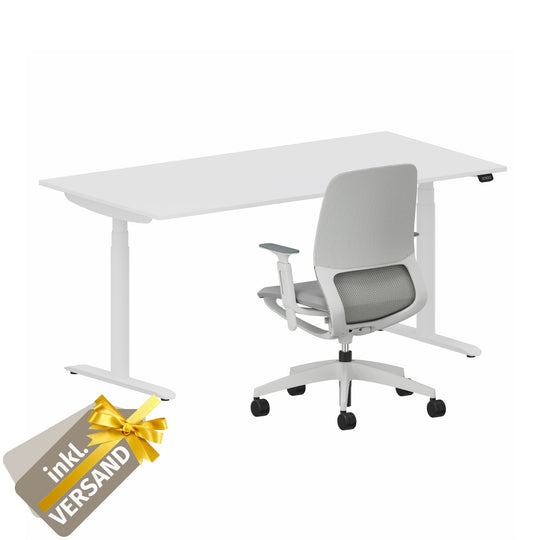 Workwell Sedus Home-Office Set 2 mit Drehstuhl se:motion grau mit Gestell lichtgrau mit Armlehnen und Schreibtisch se:lab e-desk mit Gestell purweiss und Plattenfarbe reinweiss