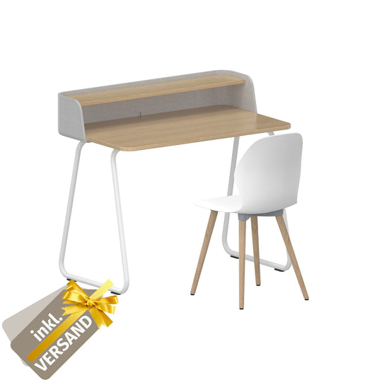 Workwell Sedus Home-Office Set 1 mit Vierfussstuhl se:spot weiss mit Holzgestell Eiche und Tisch secretair home  mit Gestell weiss und Plattenfarbe Eiche