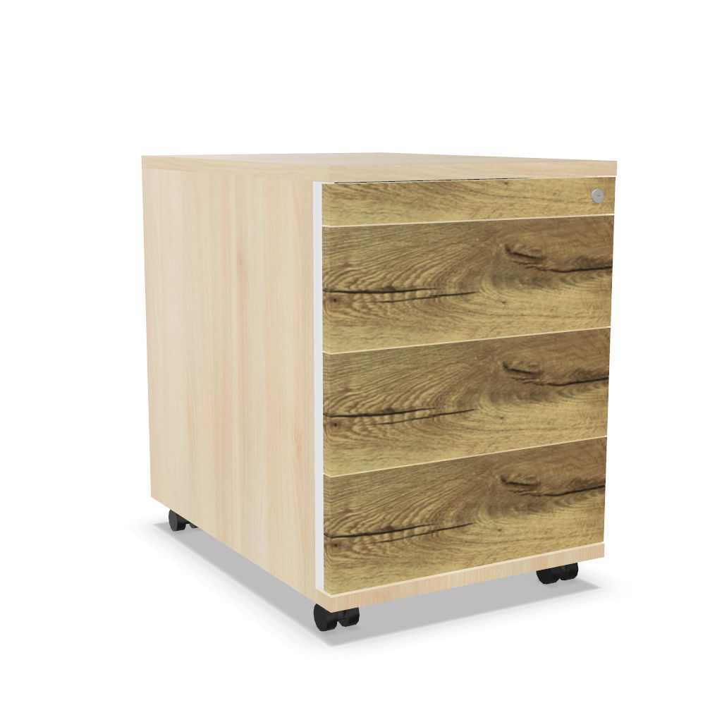 Workwell Sedus Rollcontainer mit Front likewood eiche und Korpus akazie mit Griffleiste und Rollen