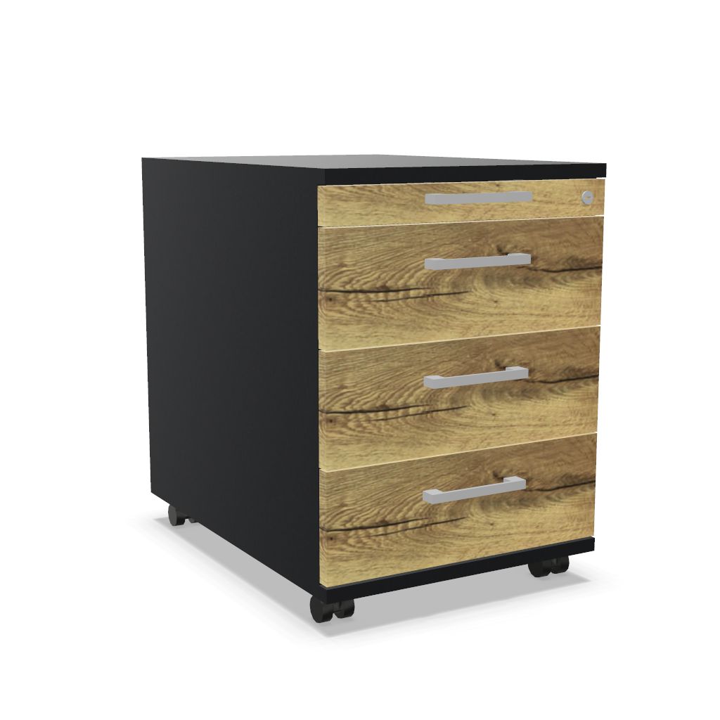 Workwell Sedus Rollcontainer mit Front likewood eiche und Korpus schwarz mit Buegelgriff  und Rollen