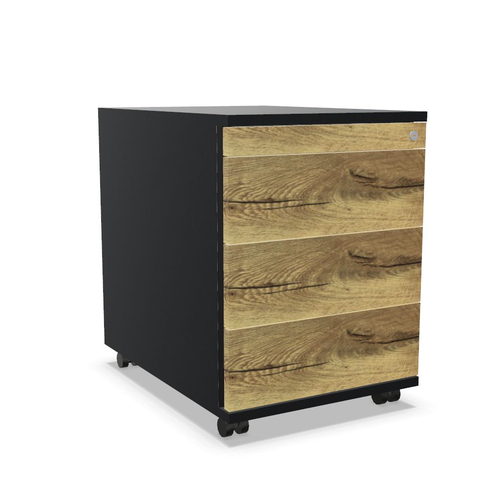 Workwell Sedus Rollcontainer mit Front likewood eiche und Korpus schwarz mit Griffleiste und Rollen