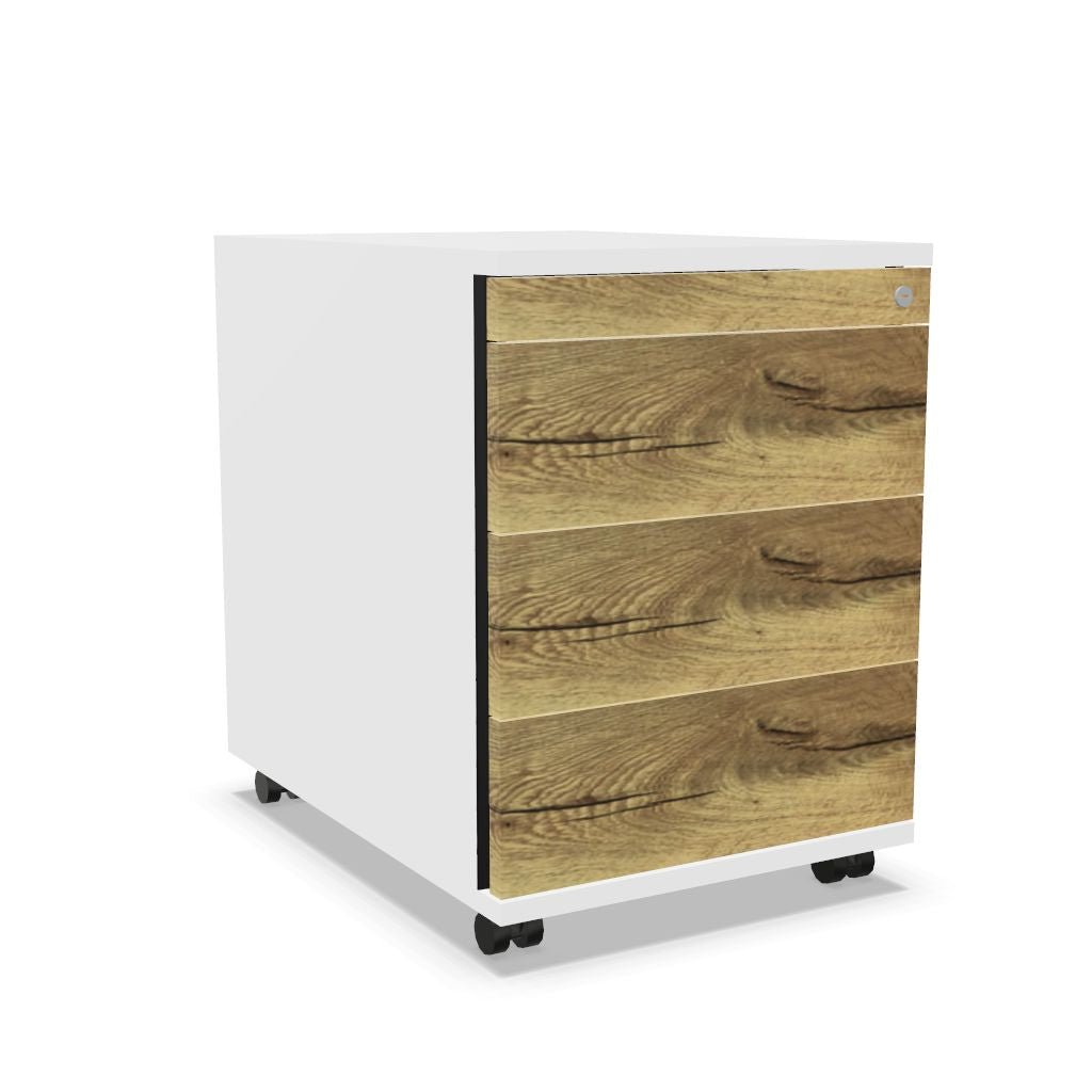 Workwell Sedus Rollcontainer mit Front likewood eiche und Korpus weiss mit Griffleiste und Rollen