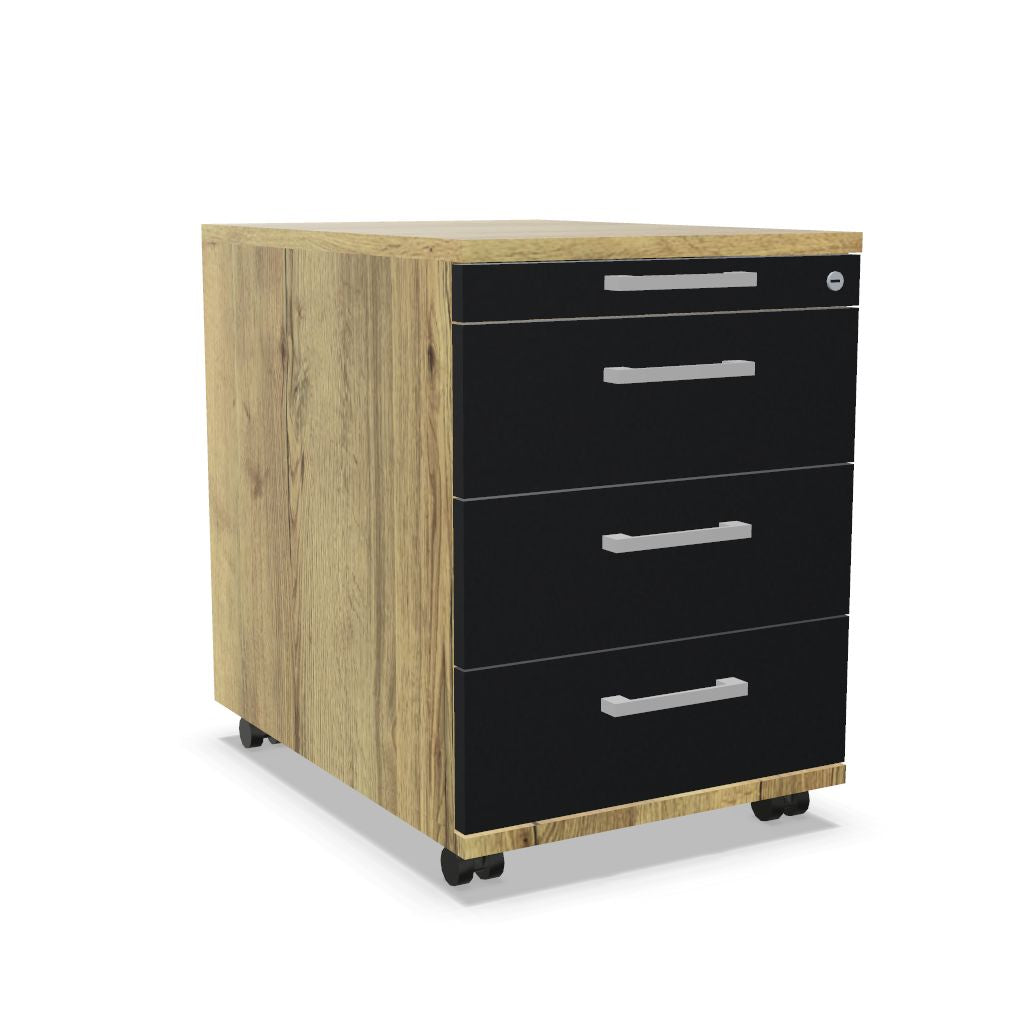 Workwell Sedus Rollcontainer mit Front schwarz und Korpus likewood eiche mit Buegelgriff und Rollen
