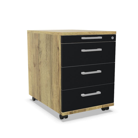 Workwell Sedus Rollcontainer mit Front schwarz und Korpus likewood eiche mit Buegelgriff und Rollen