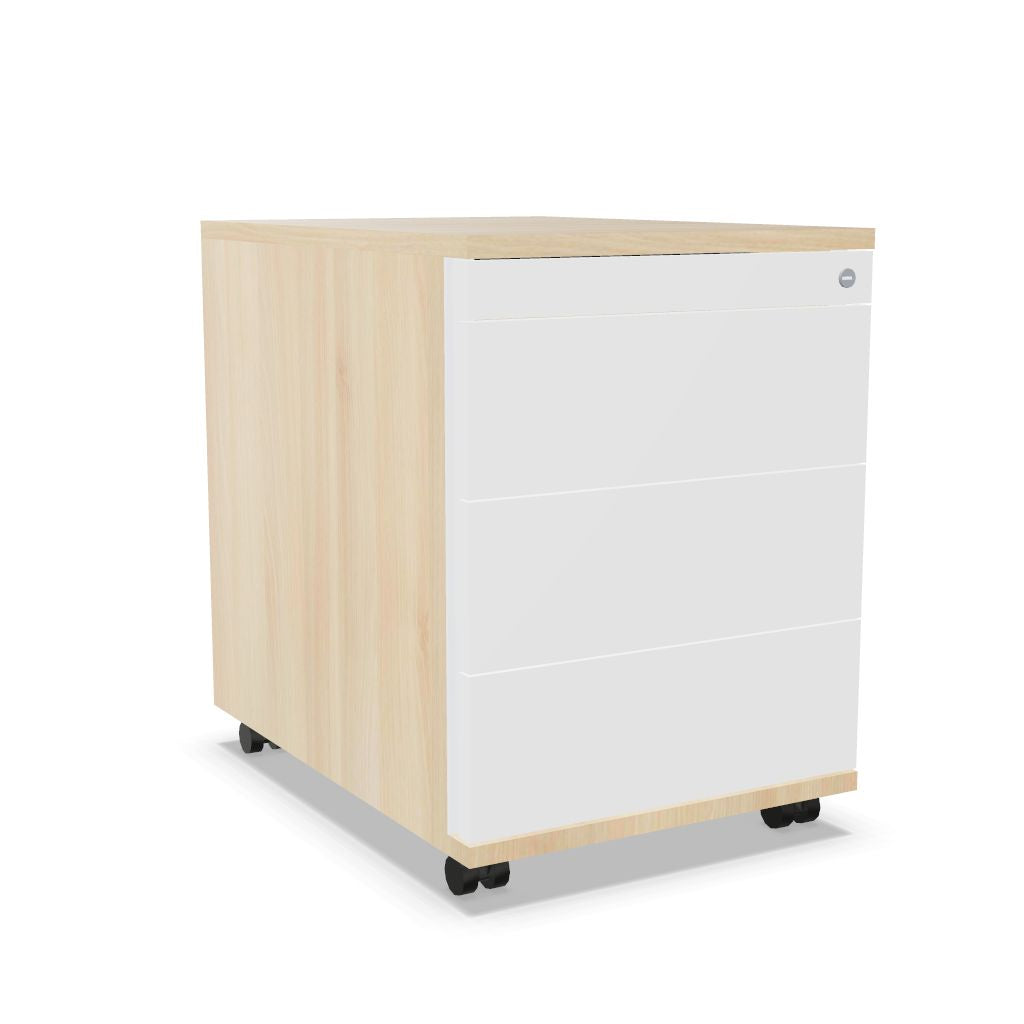 Workwell Sedus Rollcontainer mit Front weiss und Korpus akazie mit Griffleiste und Rollen