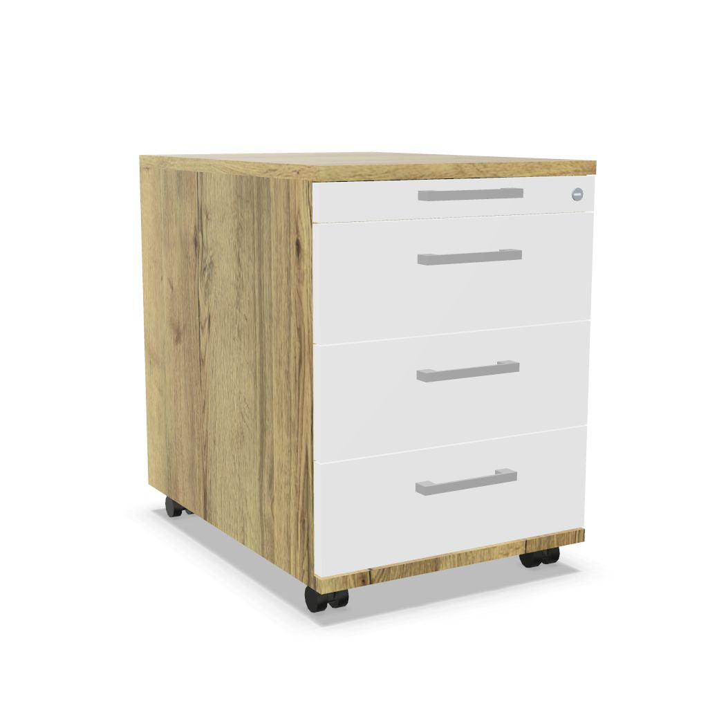 Workwell Sedus Rollcontainer mit Front weiss und Korpus likewood eiche mit Buegelgriff und Rollen