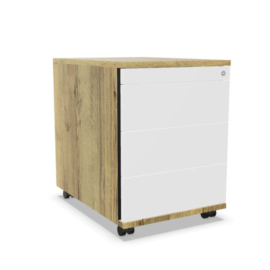 Workwell Sedus Rollcontainer mit Front weiss und Korpus likewood eiche mit Griffleiste und Rollen
