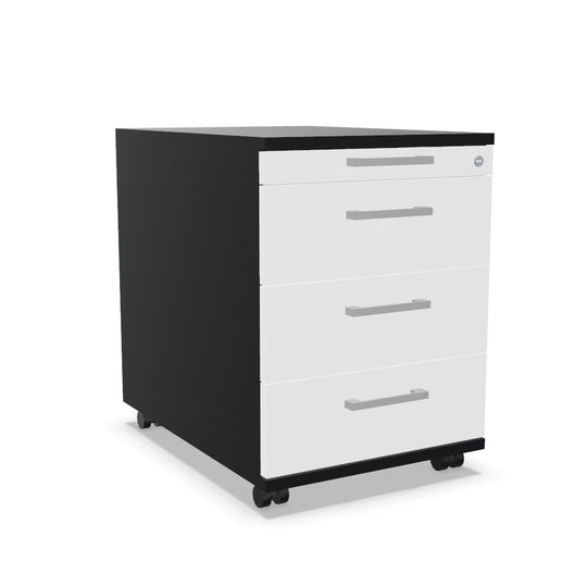 Workwell Sedus Rollcontainer mit Front weiss und Korpus schwarz mit Buegelgriff und Rollen