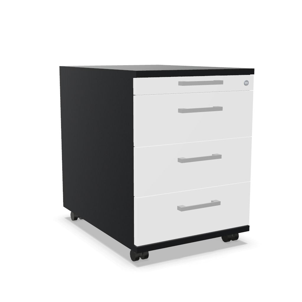 Workwell Sedus Rollcontainer mit Front weiss und Korpus schwarz mit Buegelgriff und Rollen