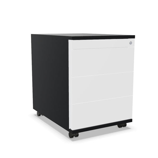 Workwell Sedus Rollcontainer mit Front weiss und Korpus schwarz mit Griffleiste und Rollen