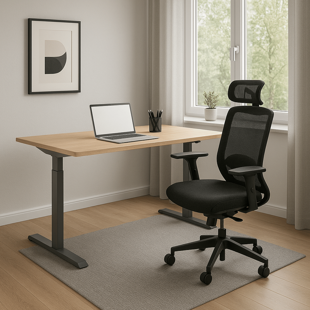 MO Two (MOCASA): 120x60cm Schreibtisch, 4 Memory Plätze, Kollisionsschutz, bis 80 kg. Designed in Germany.