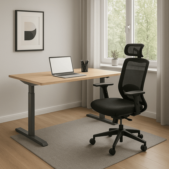 MO Two (MOCASA): 120x60cm Schreibtisch, 4 Memory Plätze, Kollisionsschutz, bis 80 kg. Designed in Germany.