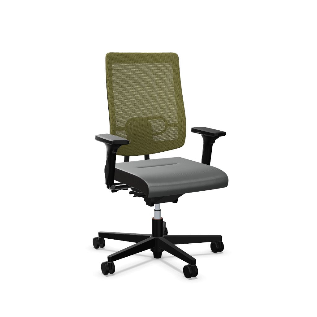 Workwell Sedus blackdot 24 black dot 24 Drehstuhl mit Netzrücken mit Membran olivgruen, Bezug mittelgrau, Fuss schwarz inklusive Armlehnen