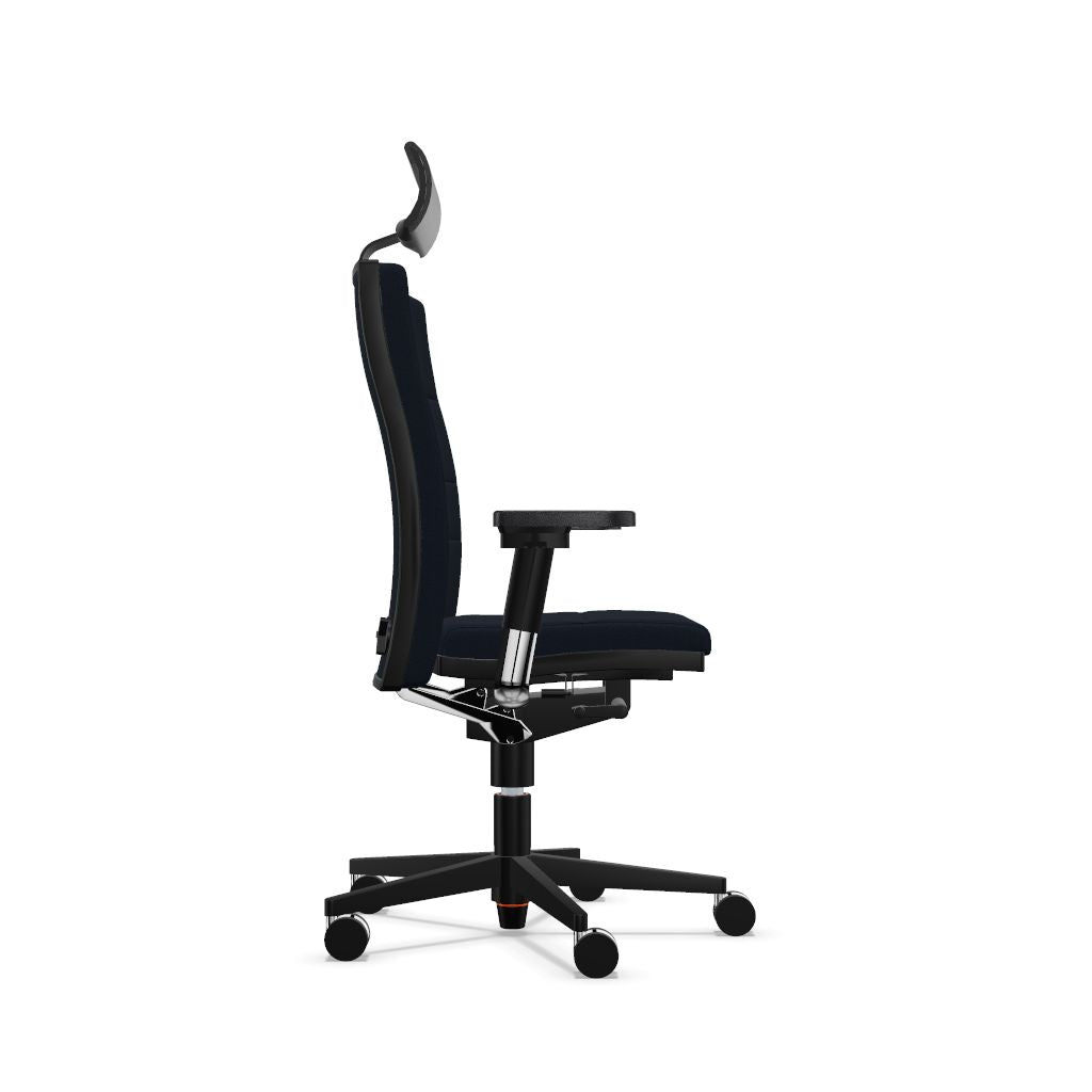 Workwell Sedus mr 24 Drehstuhl mit Bezug dunkelblau und mit schwarzem Fuss inklusive Armlehnen und Nackenstütze