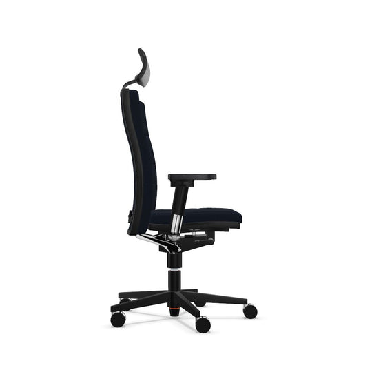 Workwell Sedus mr 24 Drehstuhl mit Bezug dunkelblau und mit schwarzem Fuss inklusive Armlehnen und Nackenstütze