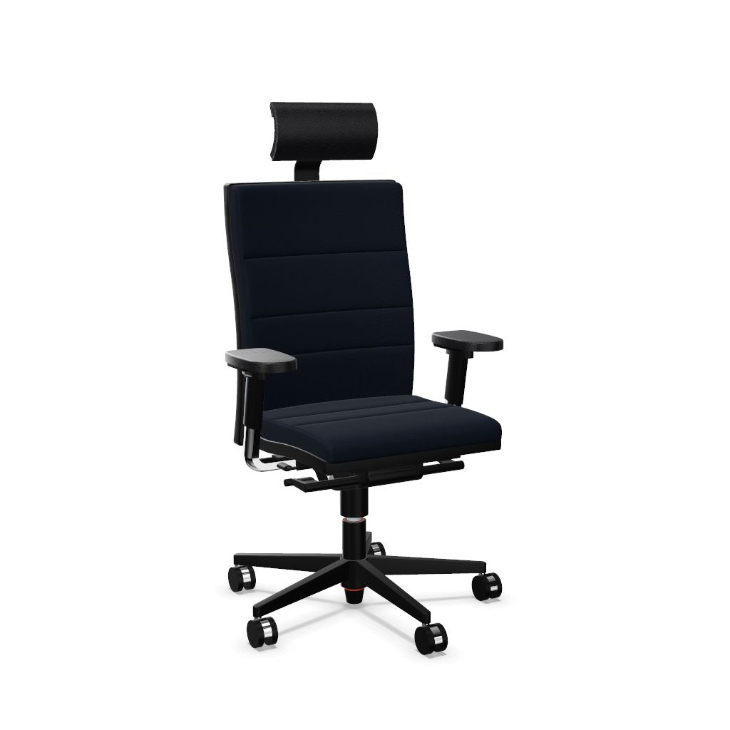 Workwell Sedus mr 24 Drehstuhl mit Bezug dunkelblau und mit schwarzem Fuss inklusive Armlehnen und Nackenstütze